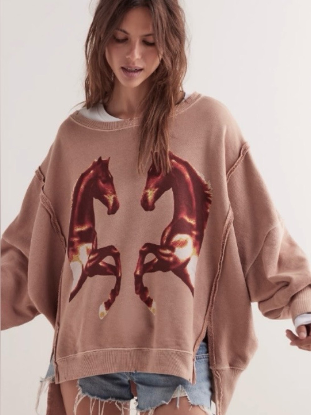 NWT Free People We The Free Graphic Camden Pullover “Mirrored Horses” Size XS